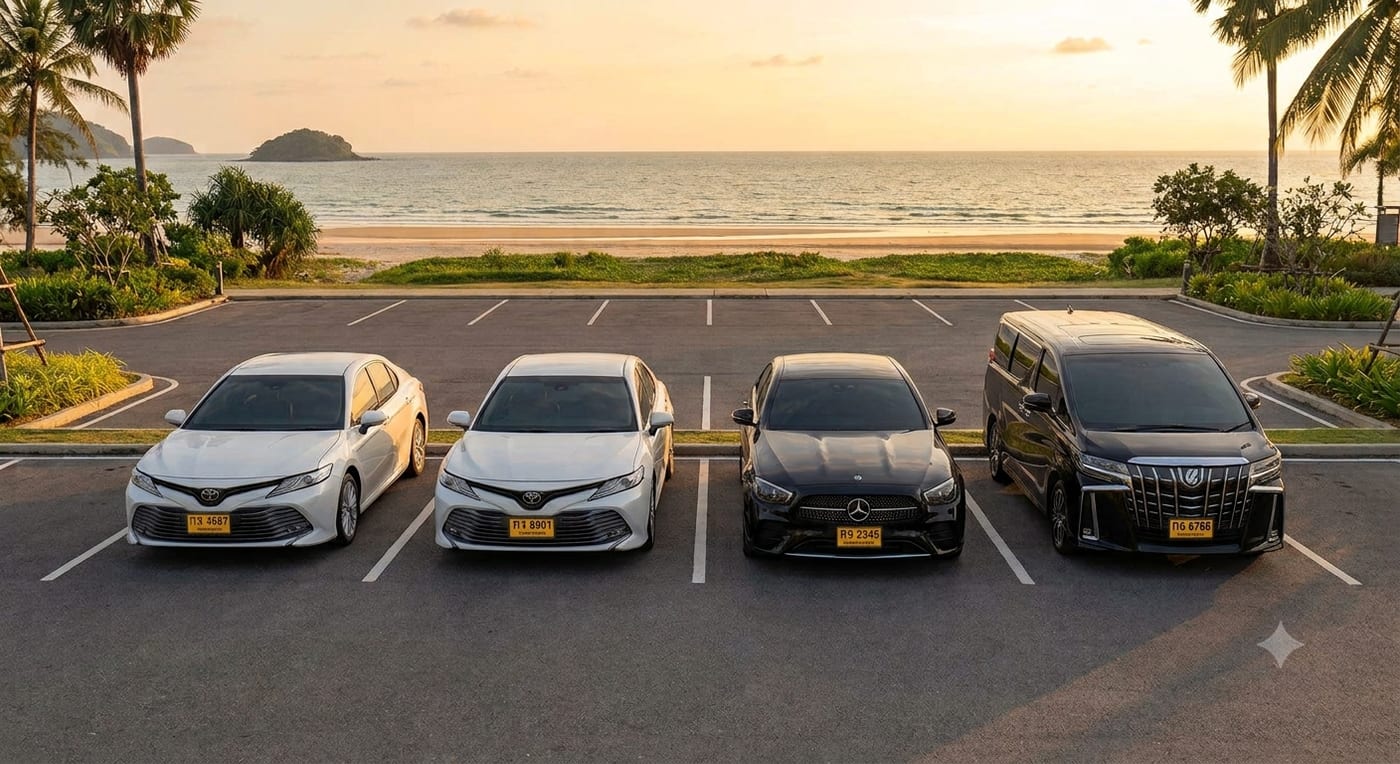 Sedan fleet parked by the beach