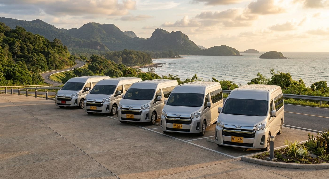 Van fleet parked at a coastal viewpoint